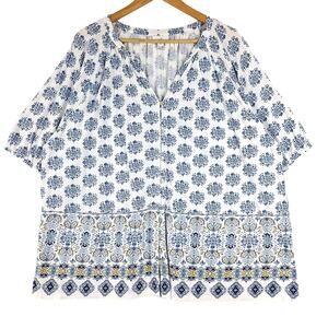 J Jill Top Womens 3X Floral Boho Peasant Button Down Feminine Beachy Coastal